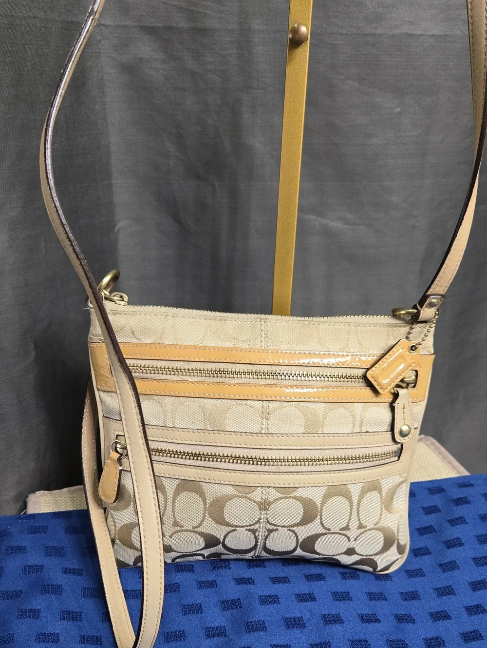 Coach Beige Canvas Signature Crossbody with Tan Leather Trim